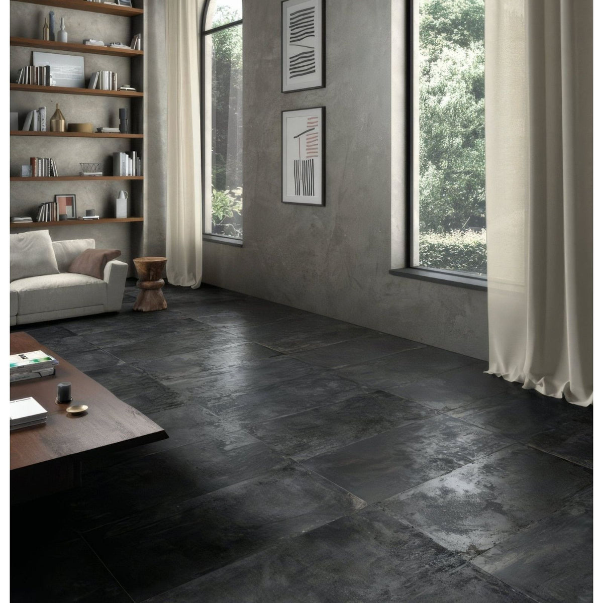 Dark gray matte finished forged iron porcelain tile with rectangular shape and subtle textured surface for flooring