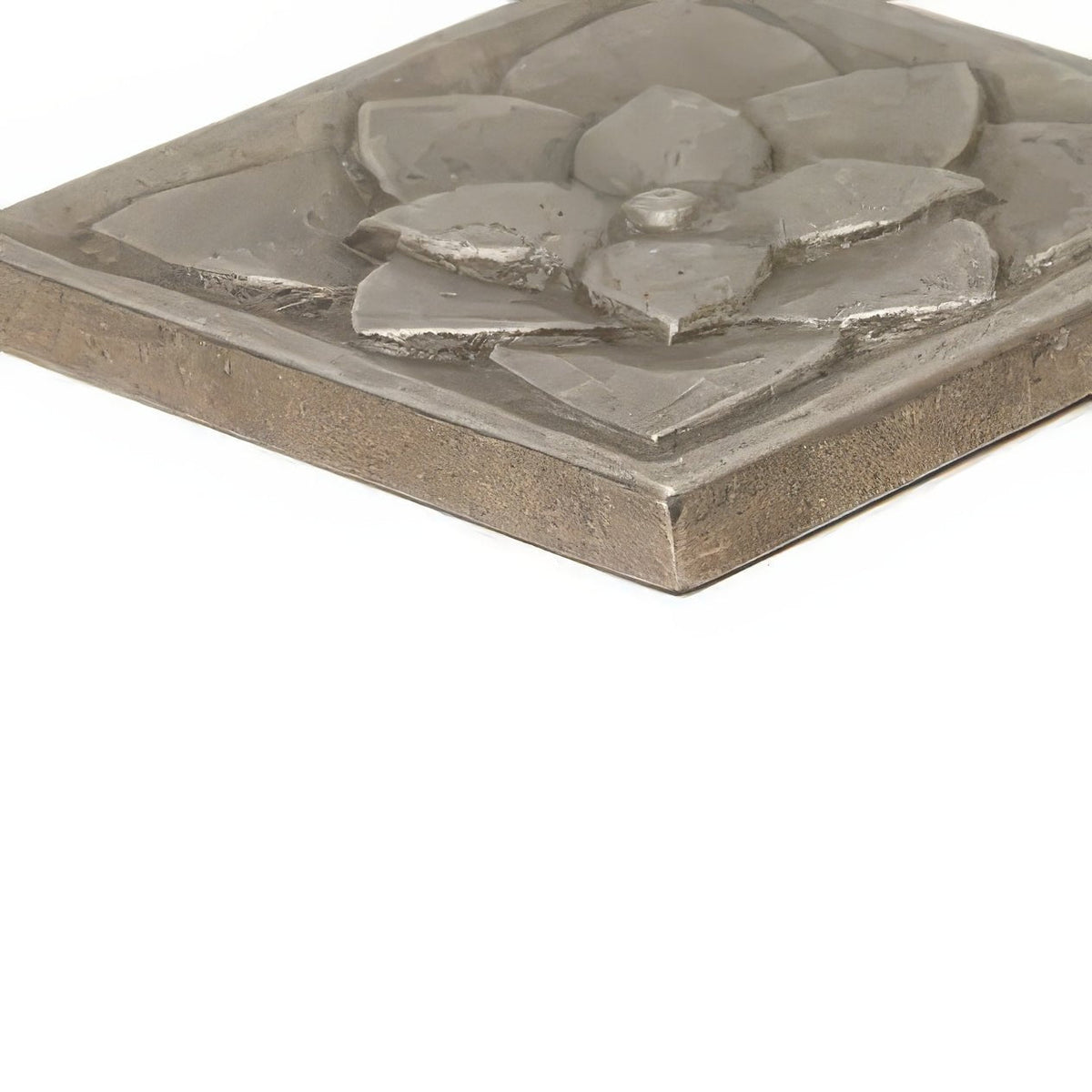 Silver-toned metallic wall plaque with raised textured lotus flower design foundry lotus inset decorative art