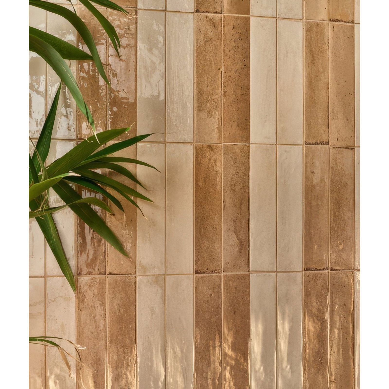 Foundry novo porcelain beige tiled wall with vertical rectangular earthy beige and warm terracotta matte textured tiles
