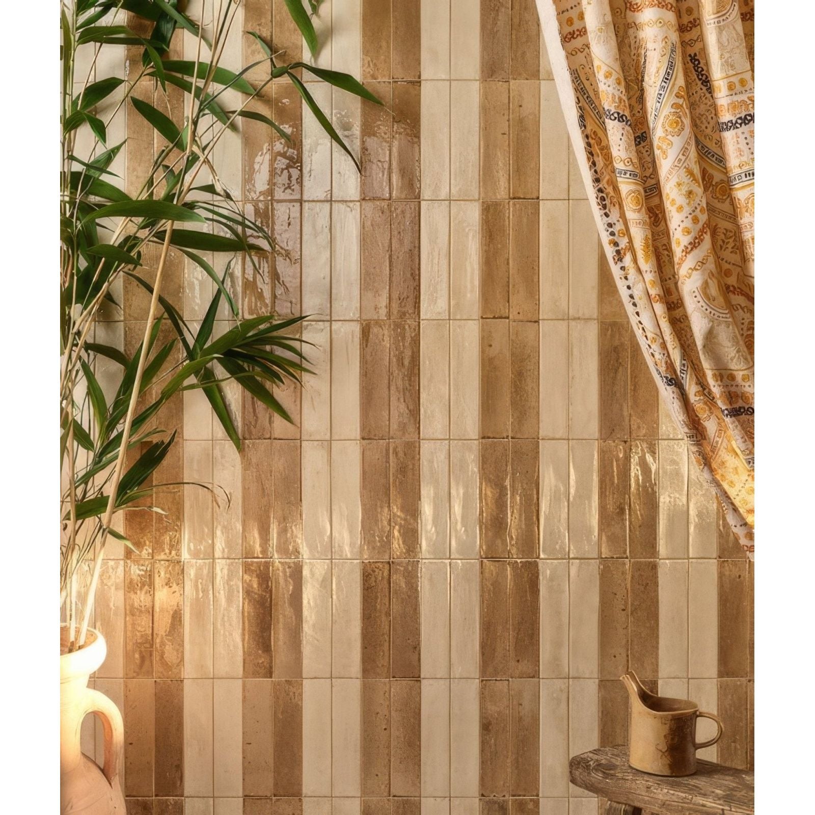 Foundry novo porcelain beige warm-toned glossy rectangular tiles with subtle vertical striped pattern in beige and gold
