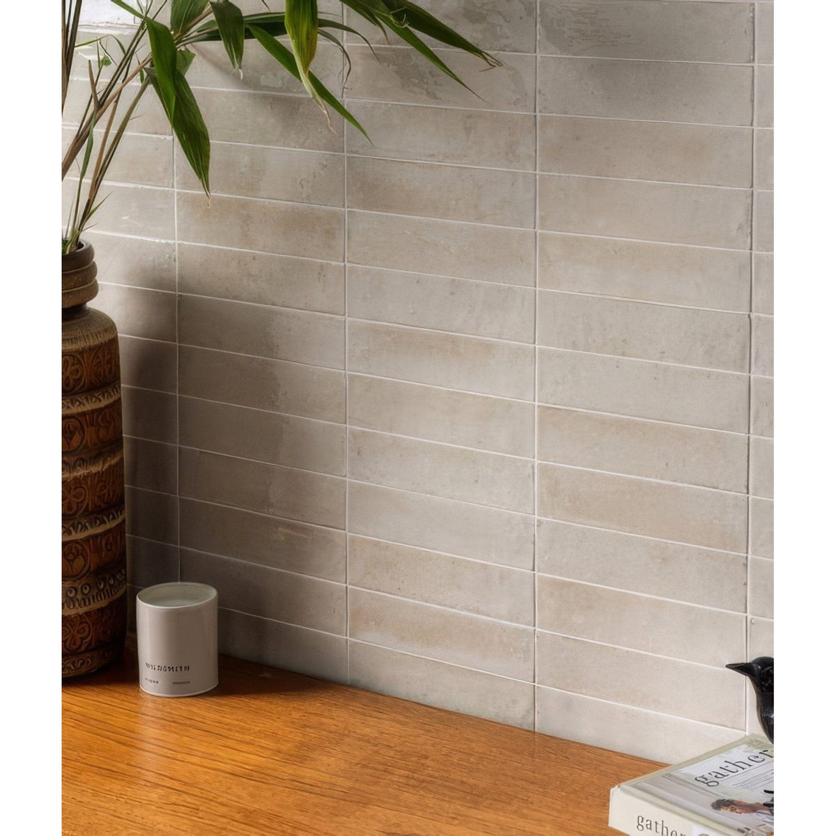 Foundry novo porcelain linen beige rectangular subway tiles with subtle matte finish and faint gray veining