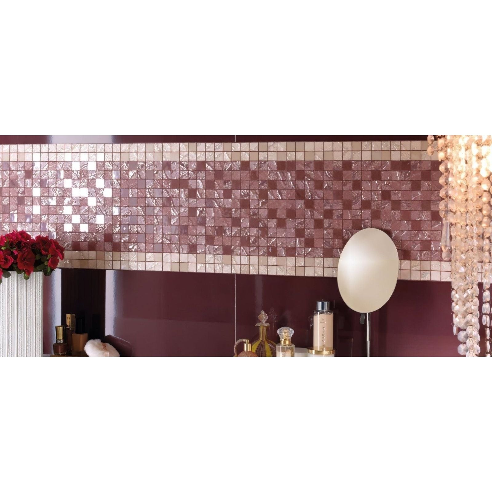 Four Seasons Bloom mosaic wall featuring shimmering interlocking rose gold and champagne square tiles with textured shine