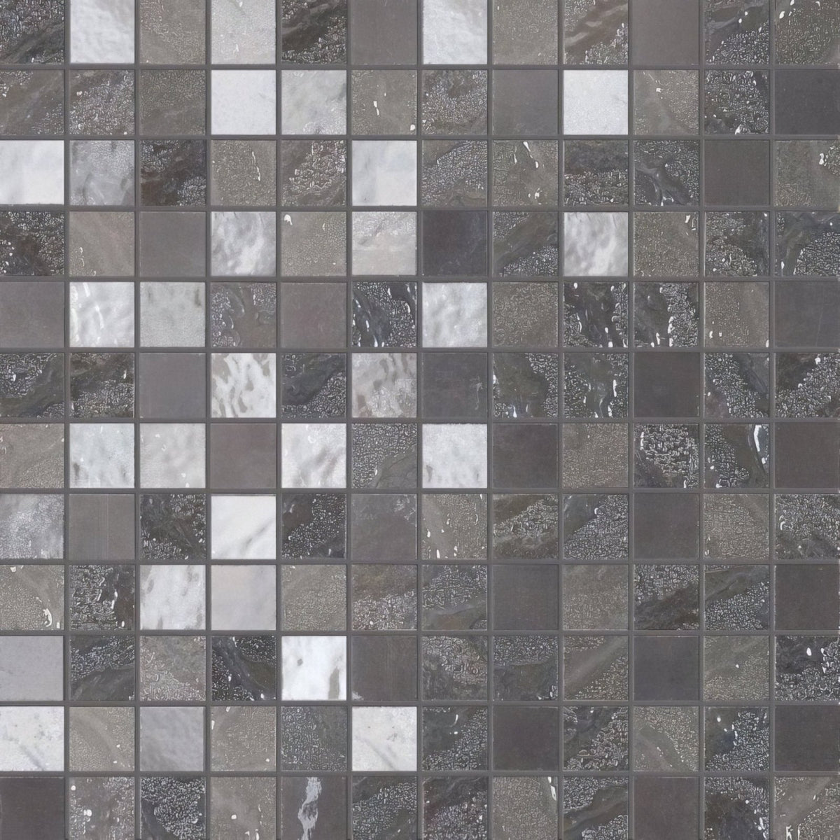 Gray and white four seasons fog mosaic tile with glossy textured surface featuring swirling patterns