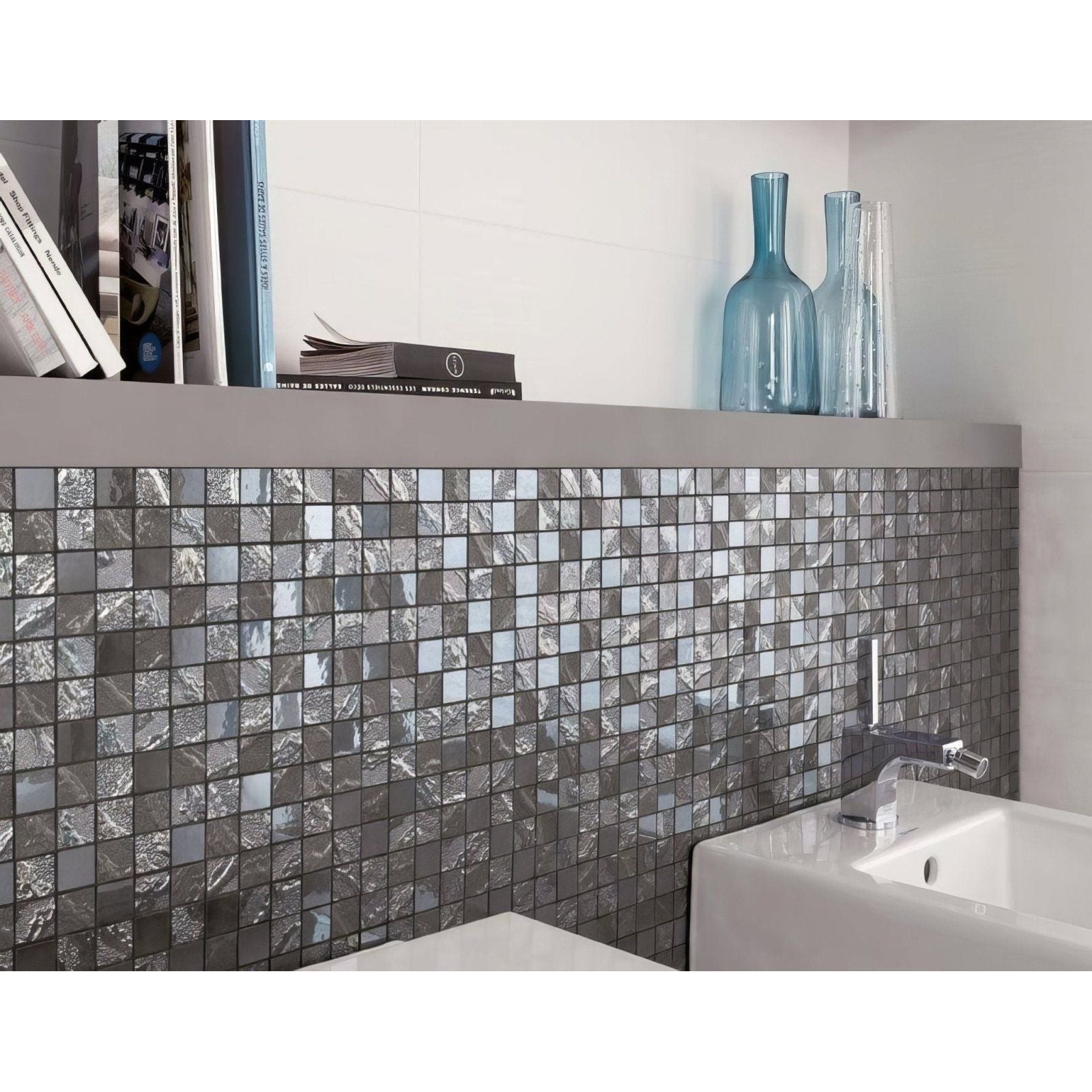 Shiny silver four seasons fog mosaic tile wall with textured reflective surface made of polished glass