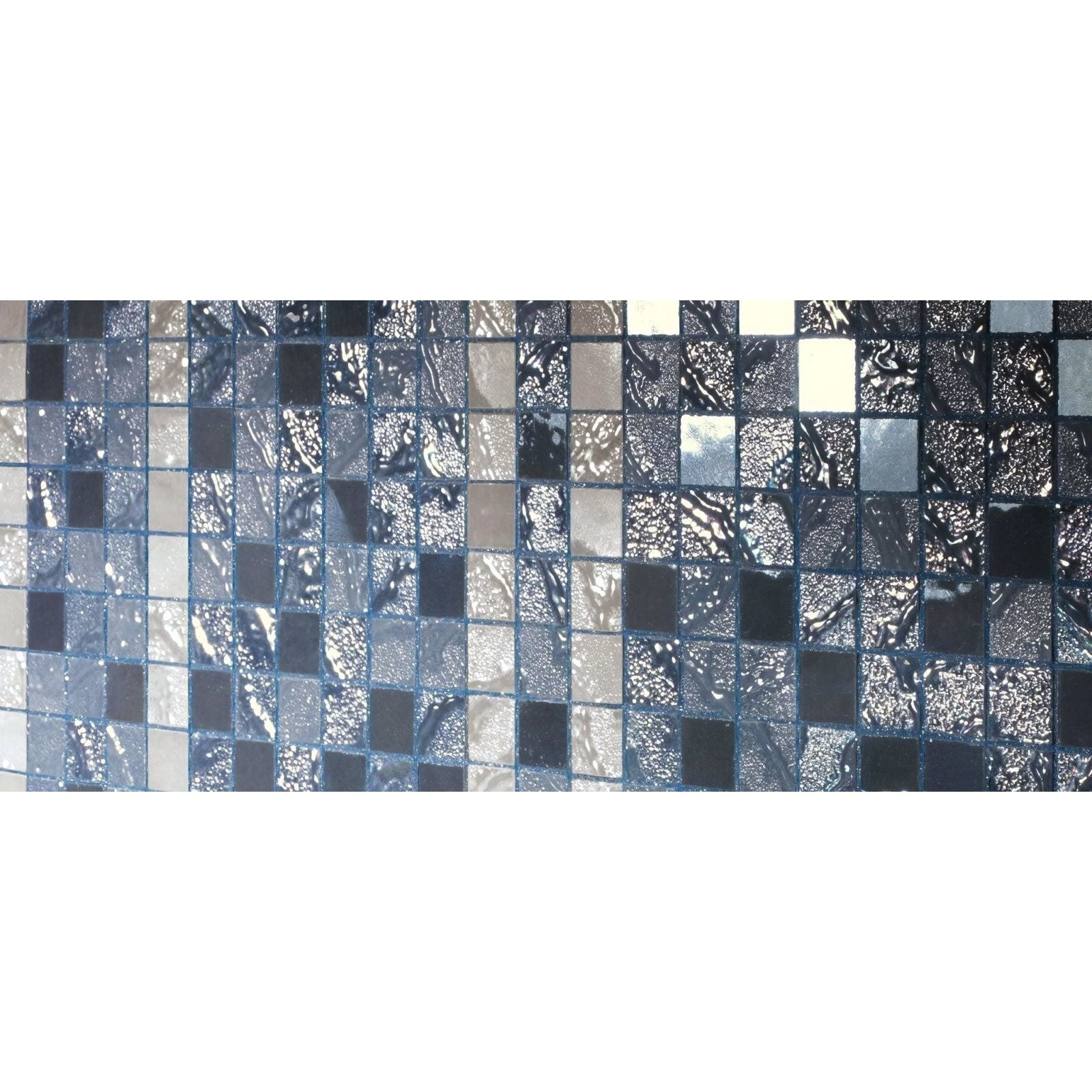 A four seasons ocean mosaic tile panel with a pattern of blue black and silver reflective textured square tiles