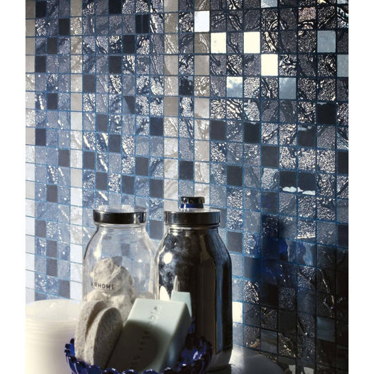 Four Seasons Ocean Mosaic blue and silver glass mosaic with glass canisters and a blue bowl of soaps