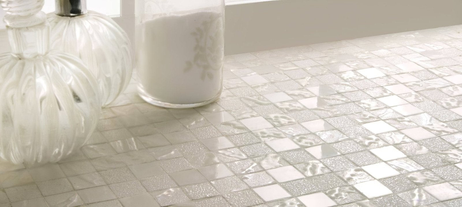 Four Seasons Snow mosaic white mosaic tile countertop with subtle textured glossy finish