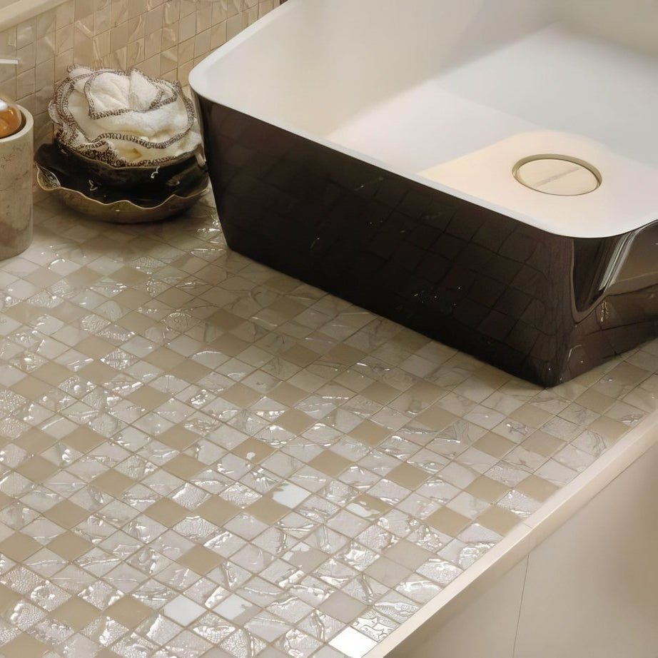 A glossy four seasons spring mosaic square tile countertop with subtle crackled texture in beige and white shades