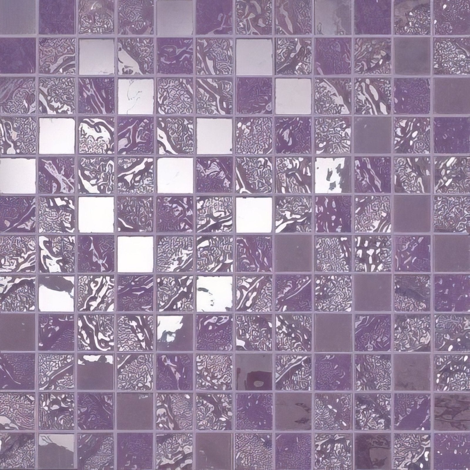 Purple and silver four seasons tulip mosaic tile with reflective textured surface for decorative wall use