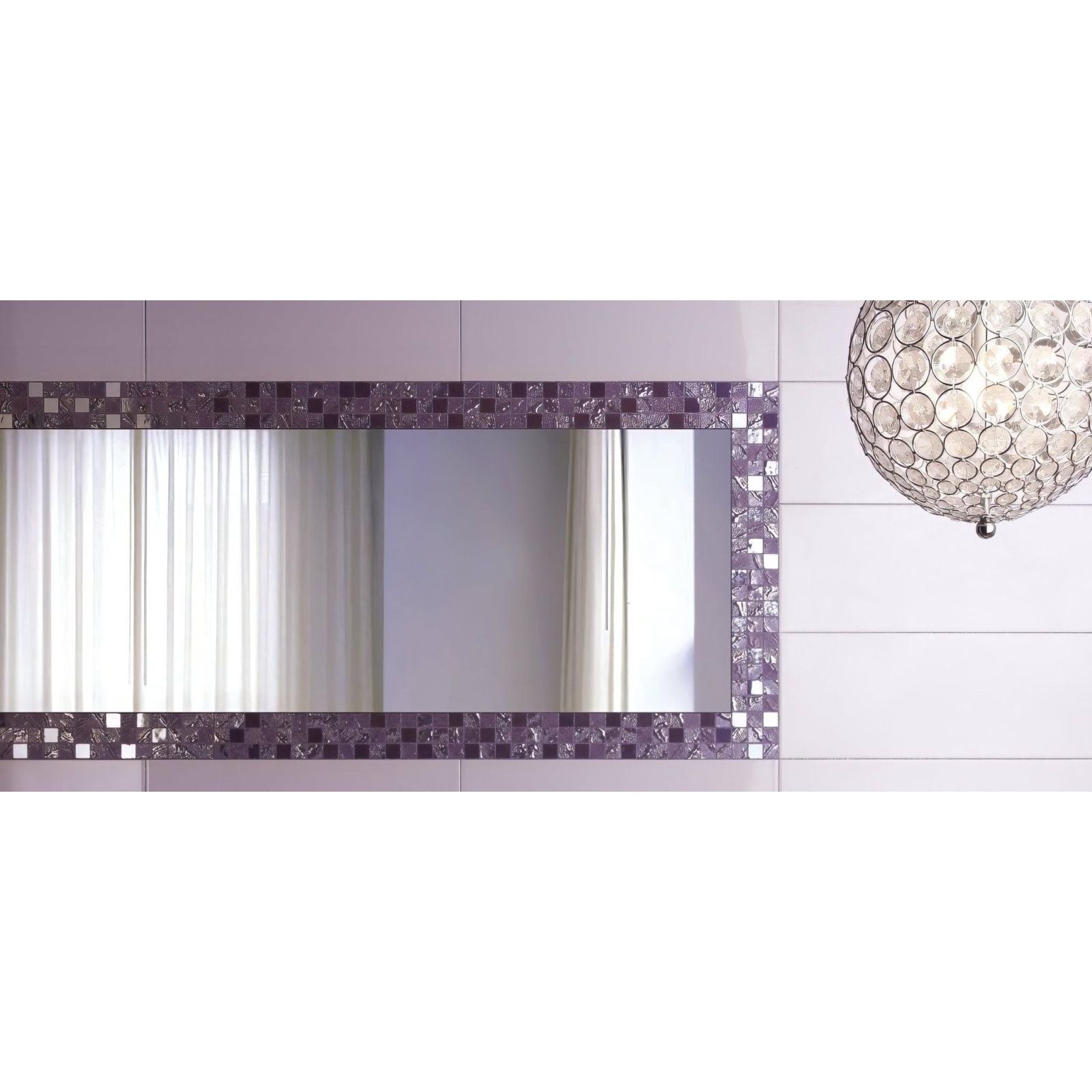Rectangular Four Seasons Tulip Mosaic bathroom mirror with iridescent purple and silver mosaic tile border
