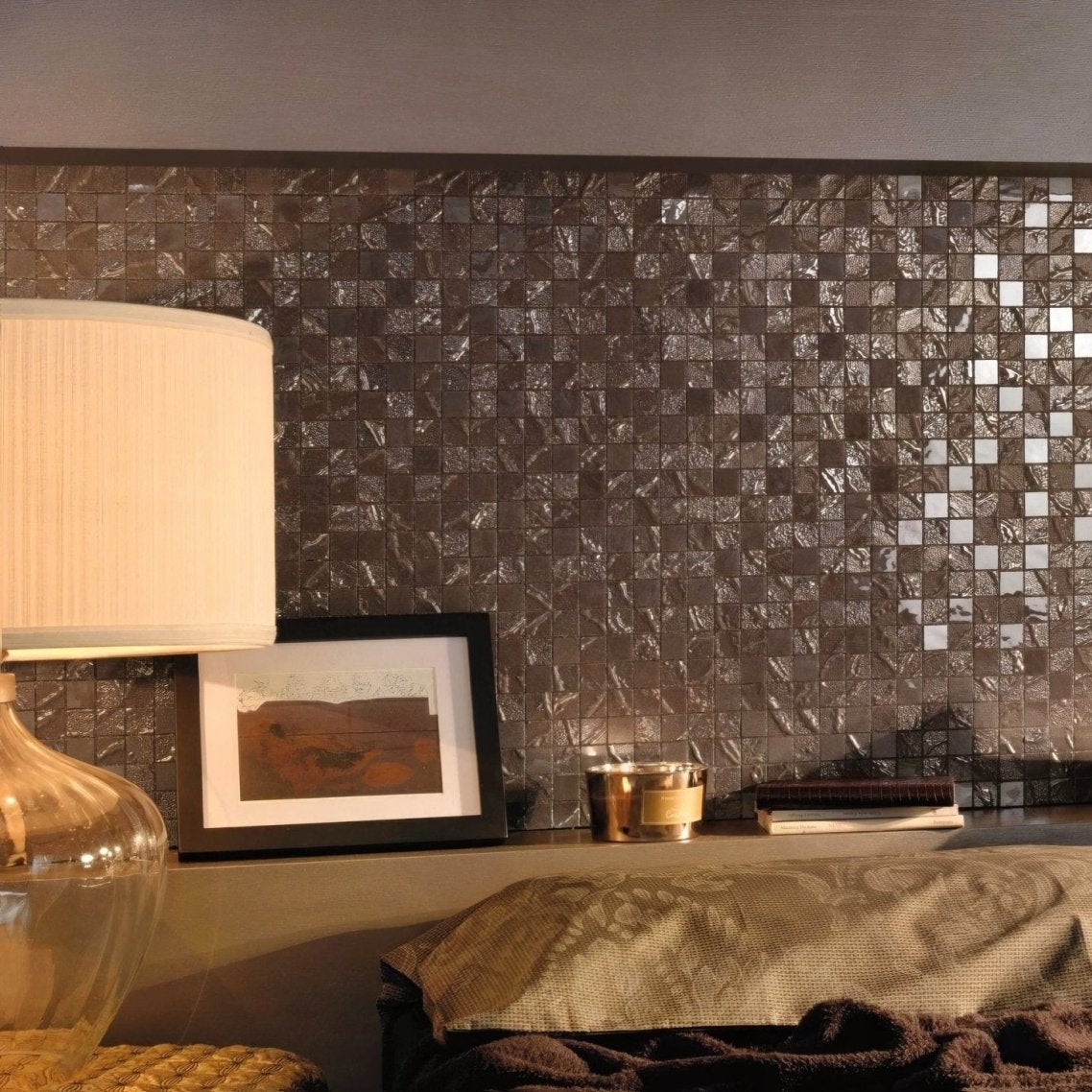 Four seasons wood mosaic shiny metallic tile wall with textured crinkled surface in dark brown and reflective silver