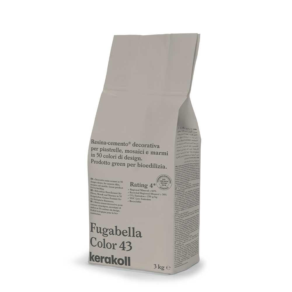 A beige paper bag of kerakoll fugabella resin cement grout color 43 containing 3kg decorative tile grout