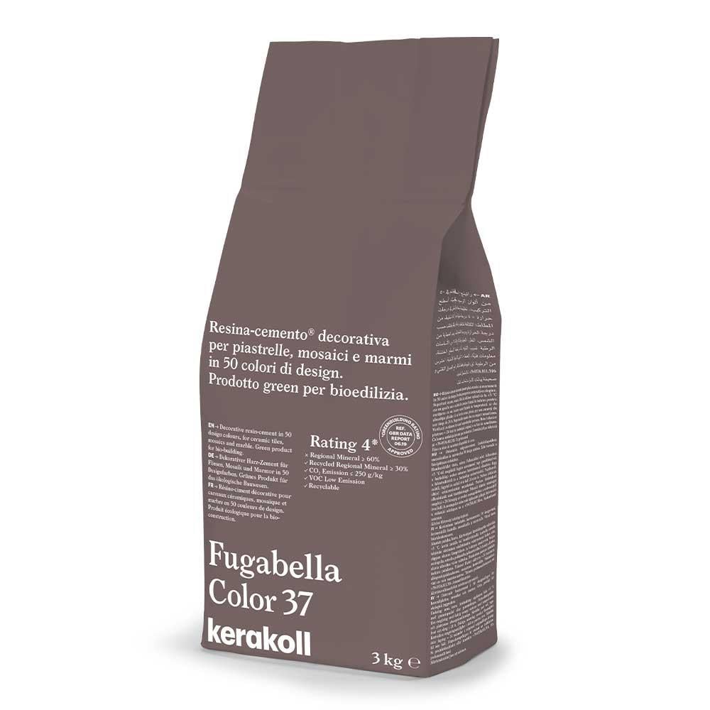 A matte brown bag of kerakoll fugabella resin cement grout color 37 for decorative tiles mosaics and marble in 50 colors