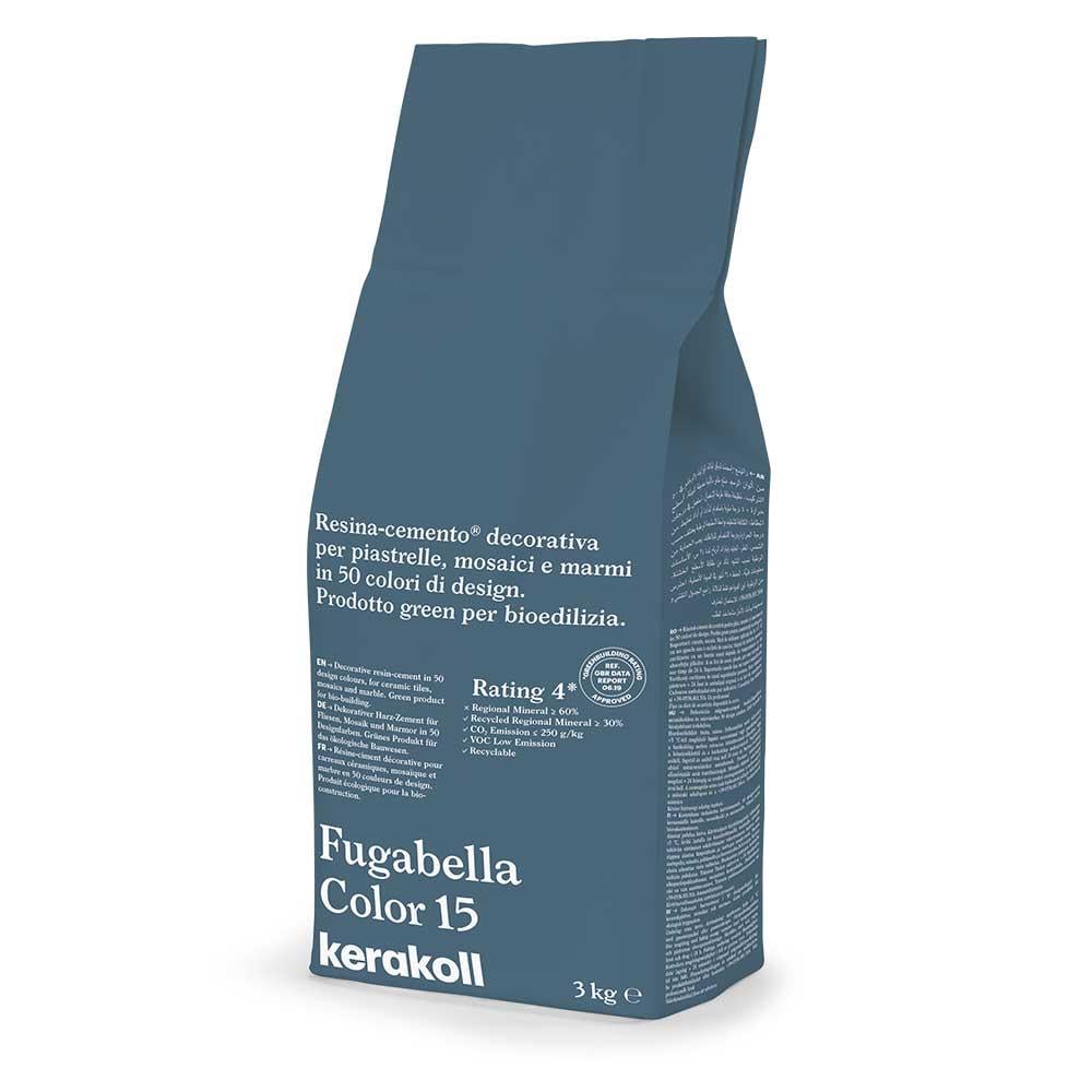A sleek matte teal bag of kerakoll fugabella decorative resin cement grout in color 15 for tiles and mosaics