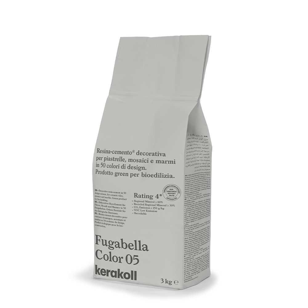 A sleek minimalist white bag of kerakoll fugabella color 05 decorative resin cement grout for tiles and stone