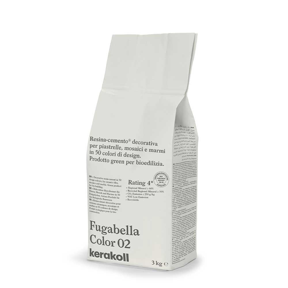 A sleek white paper bag of kerakoll fugabella color 02 resin cement grout with minimalist black text design