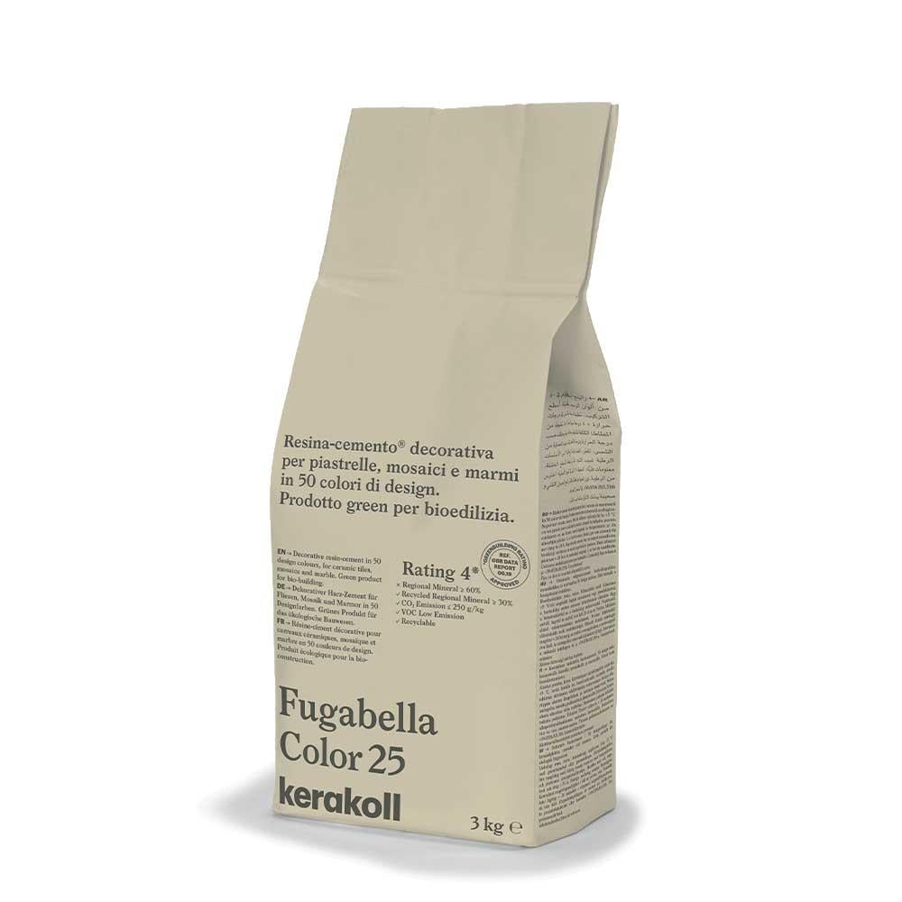 Beige paper bag of kerakoll fugabella resin cement grout in color 25 for decorative mosaic and marble work