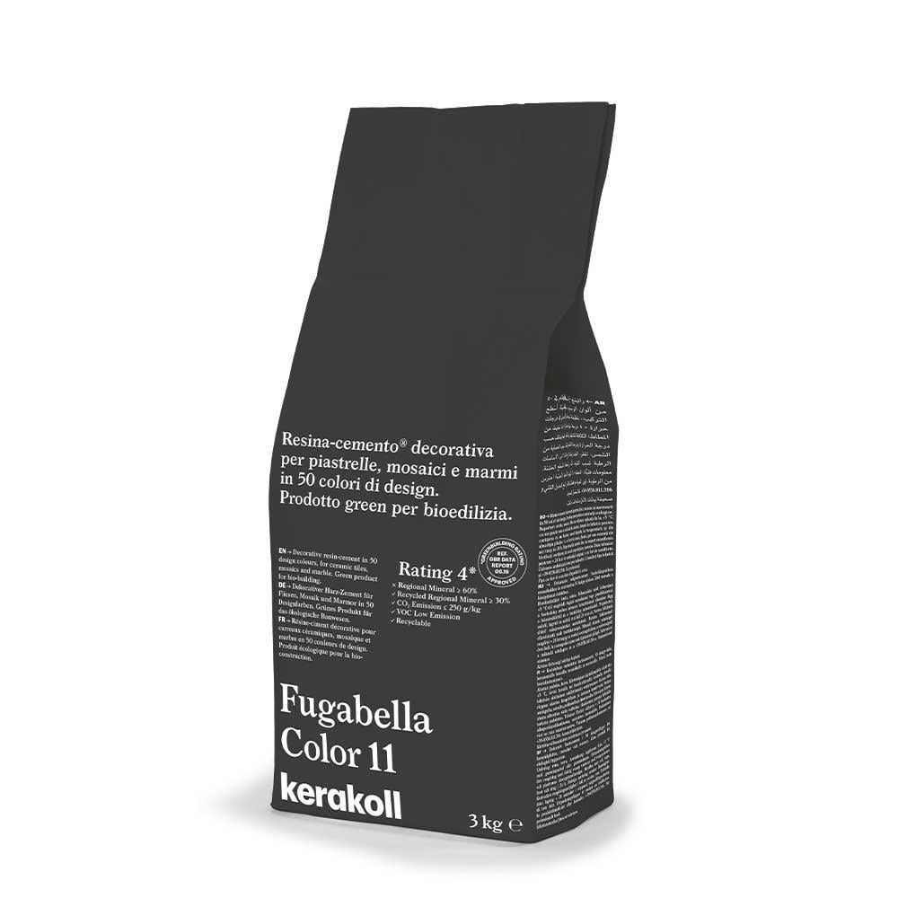 Black bag of kerakoll fugabella resin cement grout in color 11 labeled as a green biodegradable product