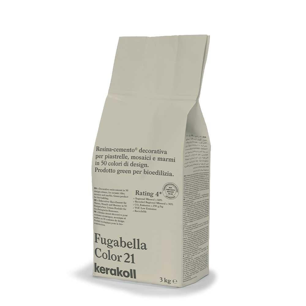 A beige paper bag of fugabella resin cement grout color 21 by kerakoll containing 3 kg of decorative resin cement