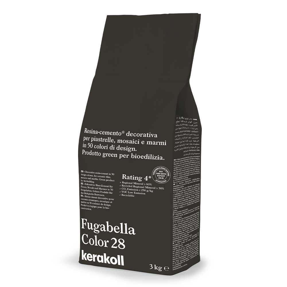 Black bag of fugabella resin cement grout by kerakoll in color 28 for tiles mosaics and marble in 50 design colors