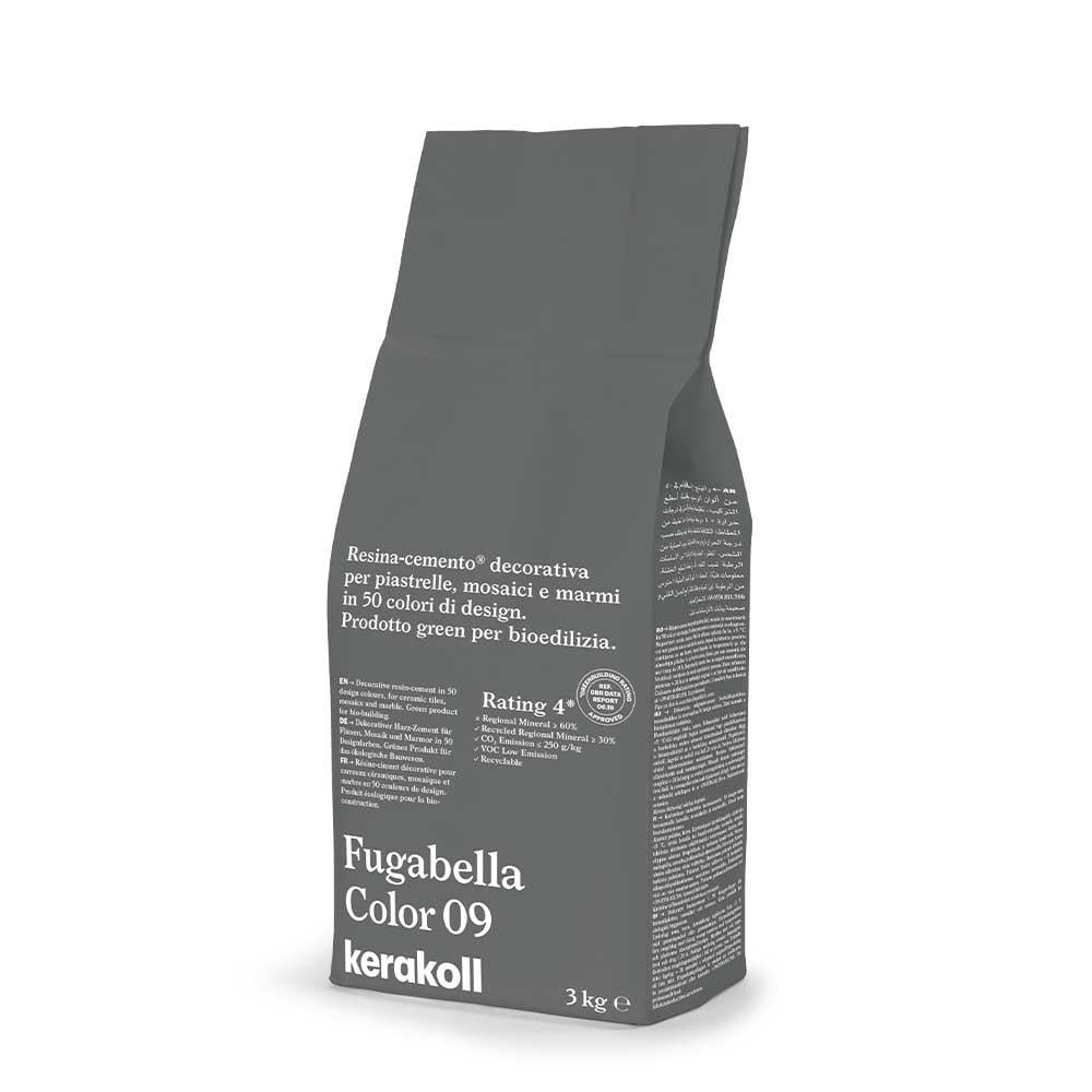 Dark gray bag of kerakoll fugabella resin cement grout color 09 for decorative resin-cement tiles mosaics and stone