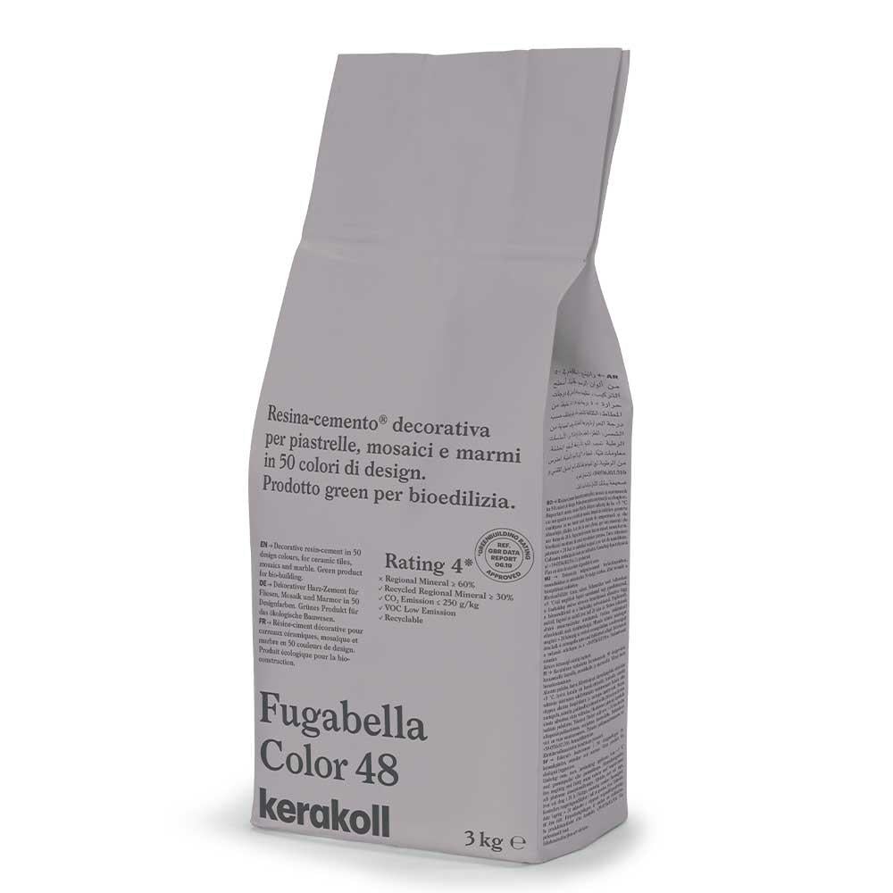 A sleek matte gray bag of kerakoll fugabella resin cement grout in fugabella color 48 decorative cement