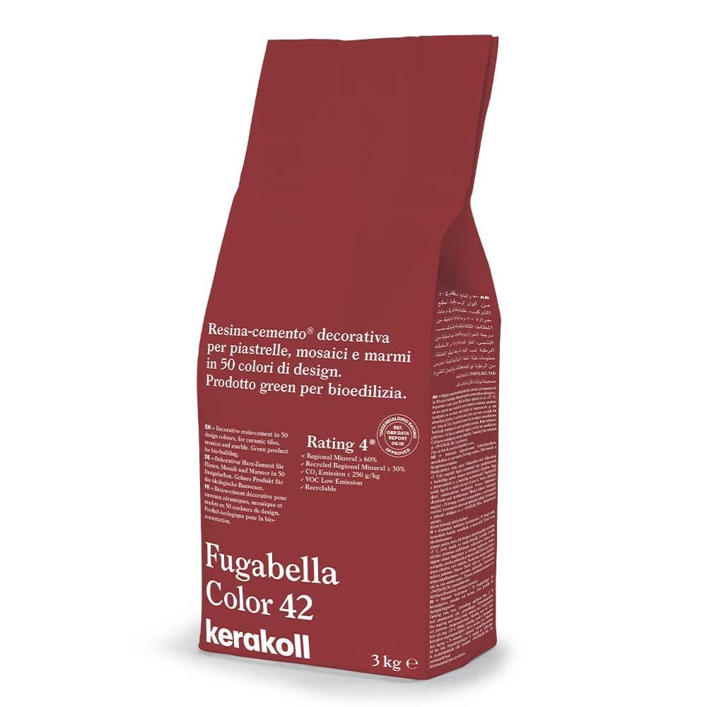 A red bag of kerakoll fugabella color 42 decorative resin cement grout for tiles mosaics and marble applications