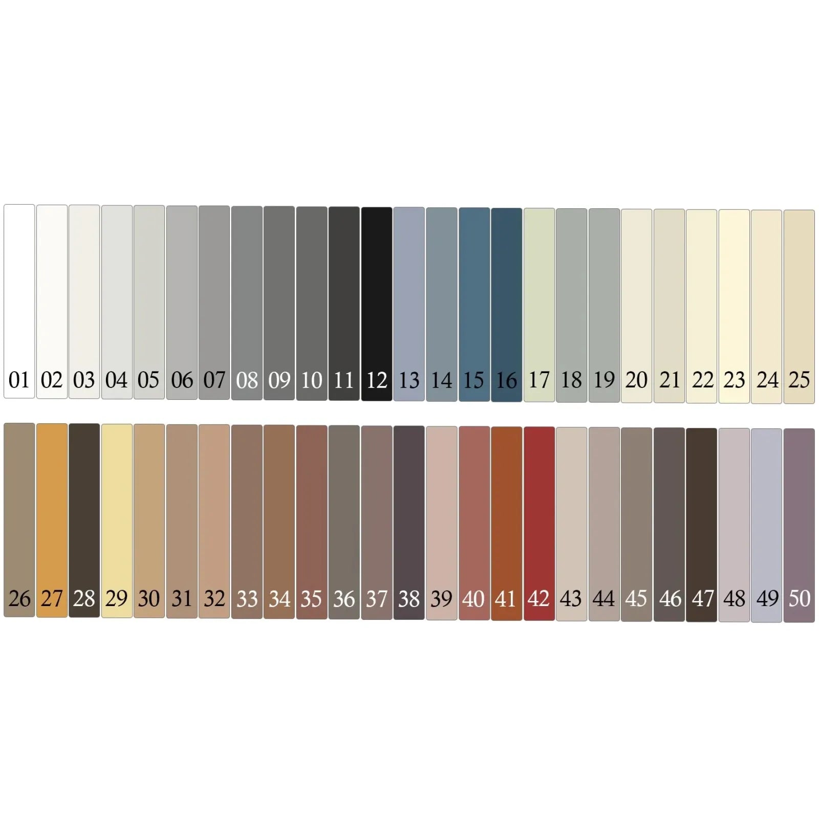 A neatly arranged palette of 50 numbered paint swatches from neutral grays to warm earth tones for Fugabella resin cement grout