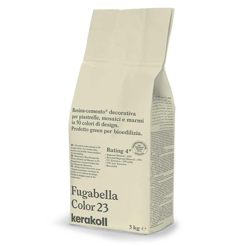 A beige paper bag of kerakoll fugabella resin cement grout in color 23 with product details and rating on the label