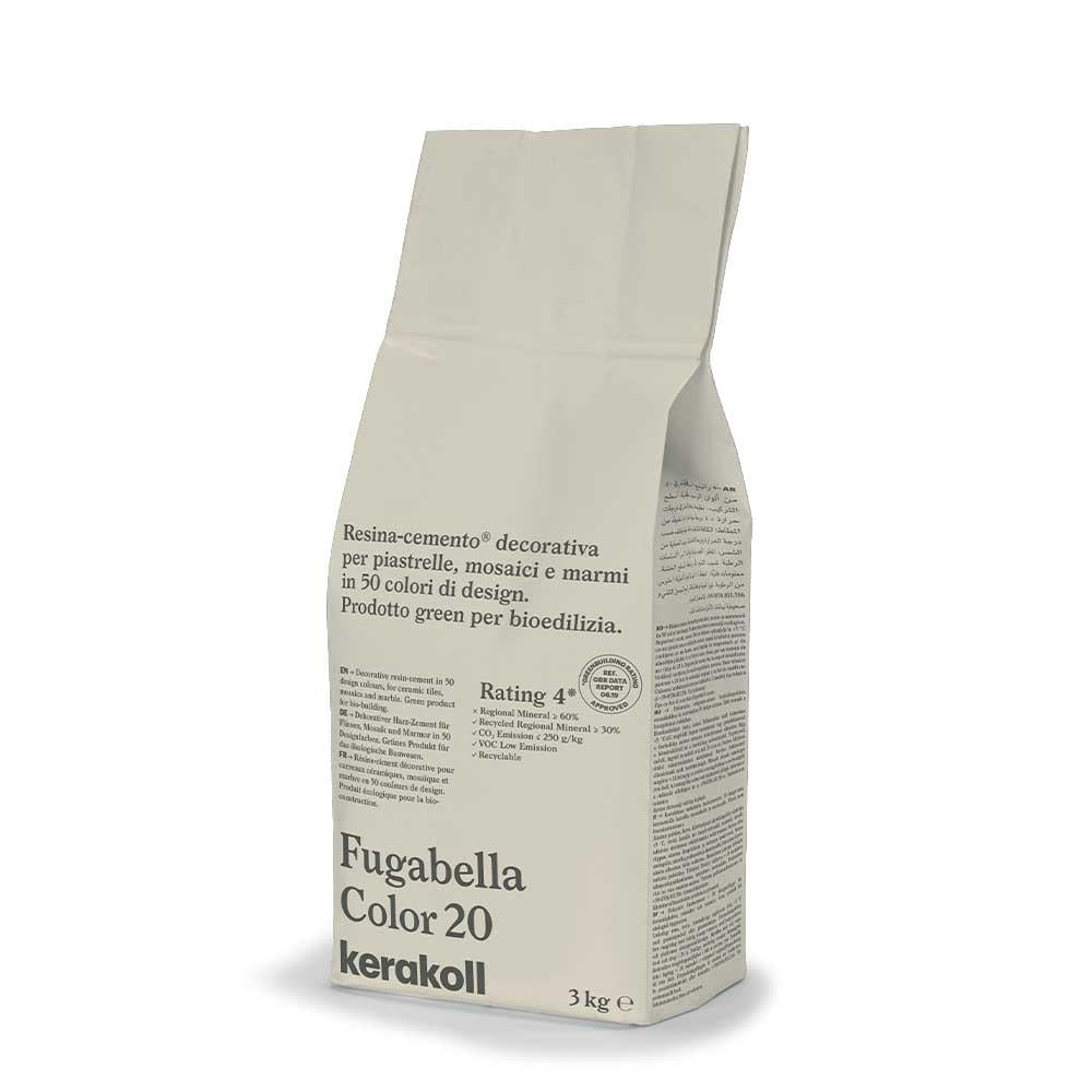 A beige paper bag of kerakoll fugabella resin cement grout color 20 decorative bio-dilution green product