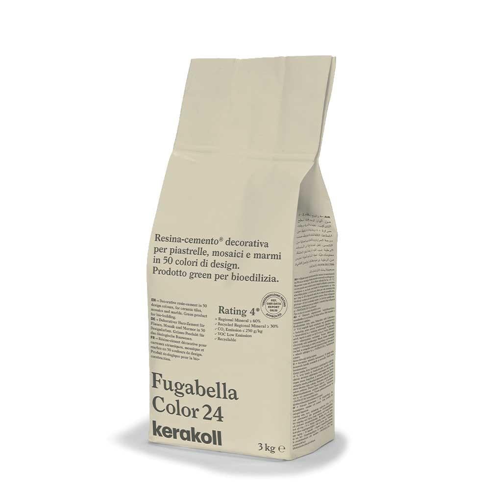 Beige paper bag of fugabella resin cement grout color 24 by kerakoll containing 3kg decorative resin cement for tiles