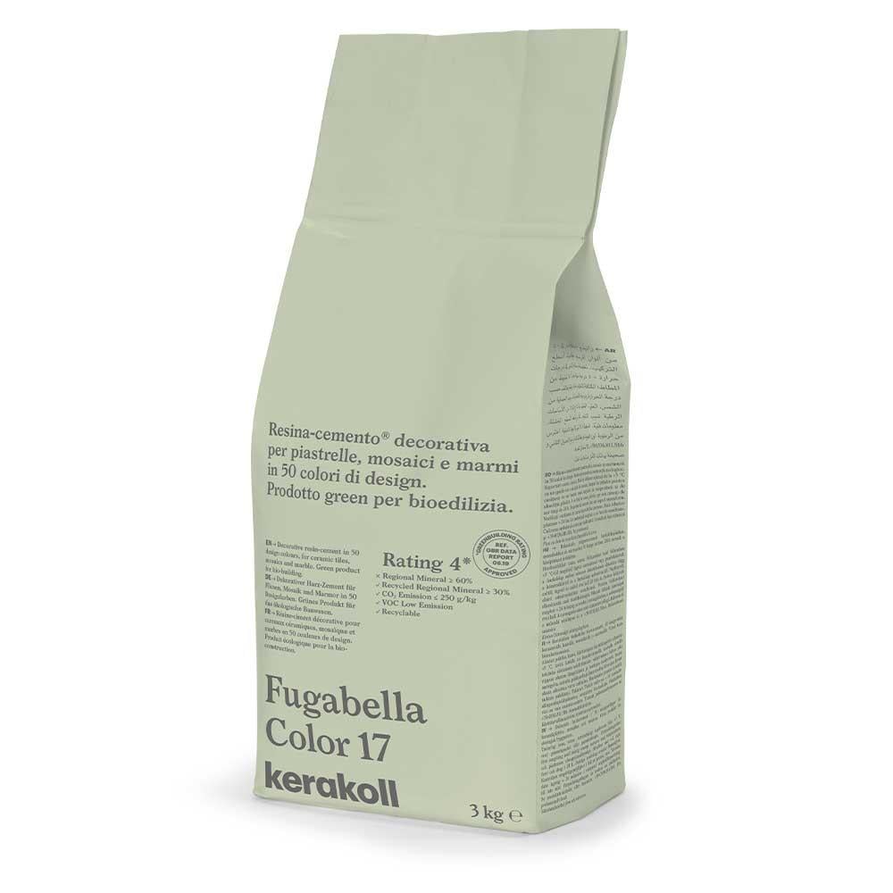 A light green paper bag of keramoll fugabella resin cement grout in color 17 containing 3 kg for mosaics and marble