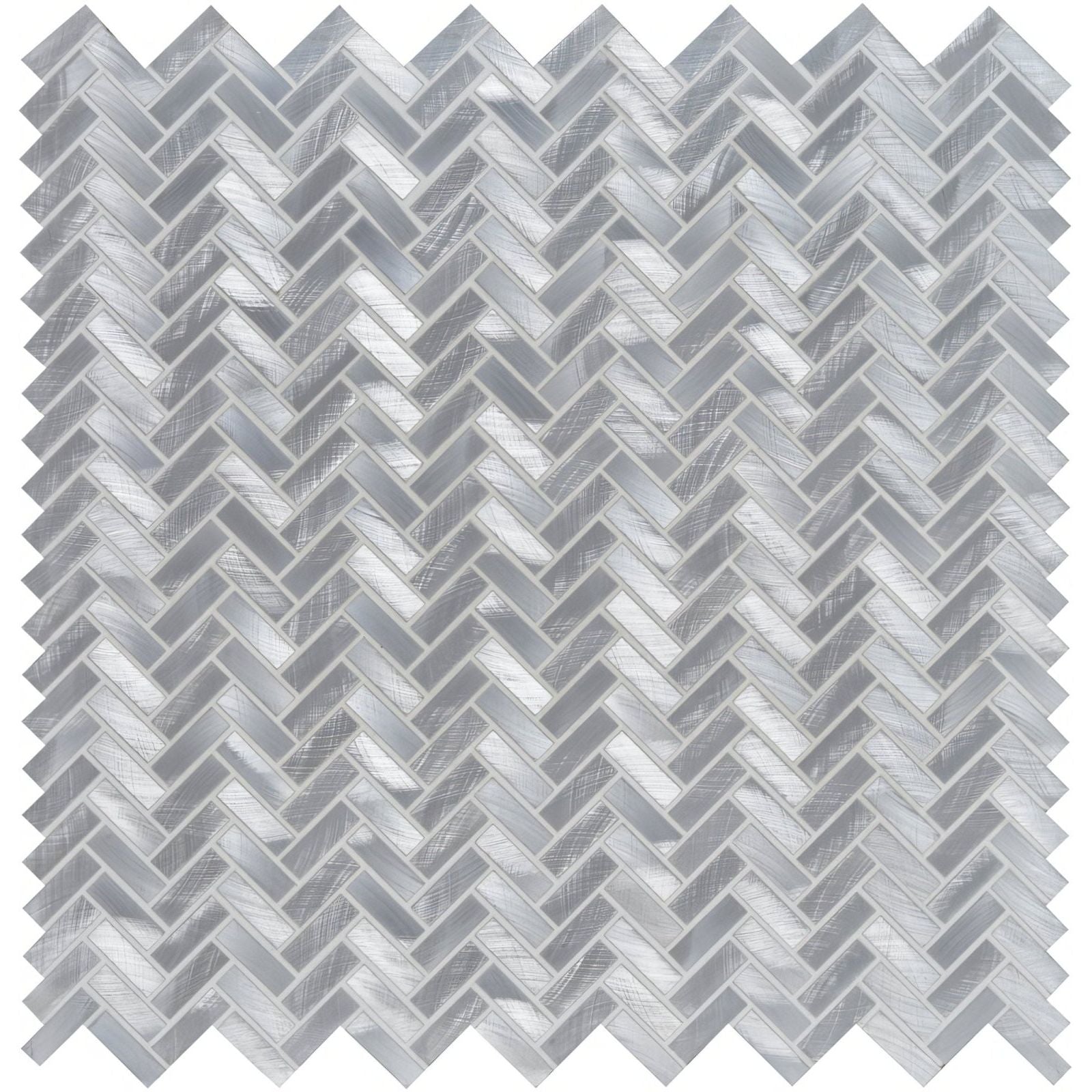 Silver herringbone patterned glass mosaic tile with subtle brushed metallic finish from fusion micro aluminium mosaic