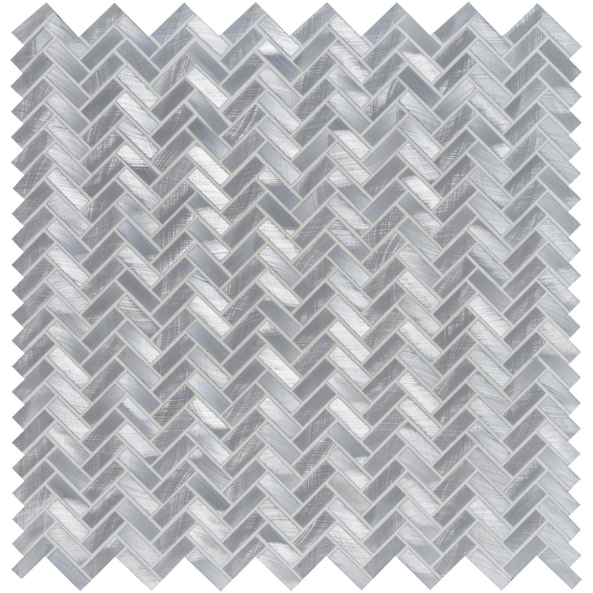 Silver herringbone patterned glass mosaic tile with subtle brushed metallic finish from fusion micro aluminium mosaic