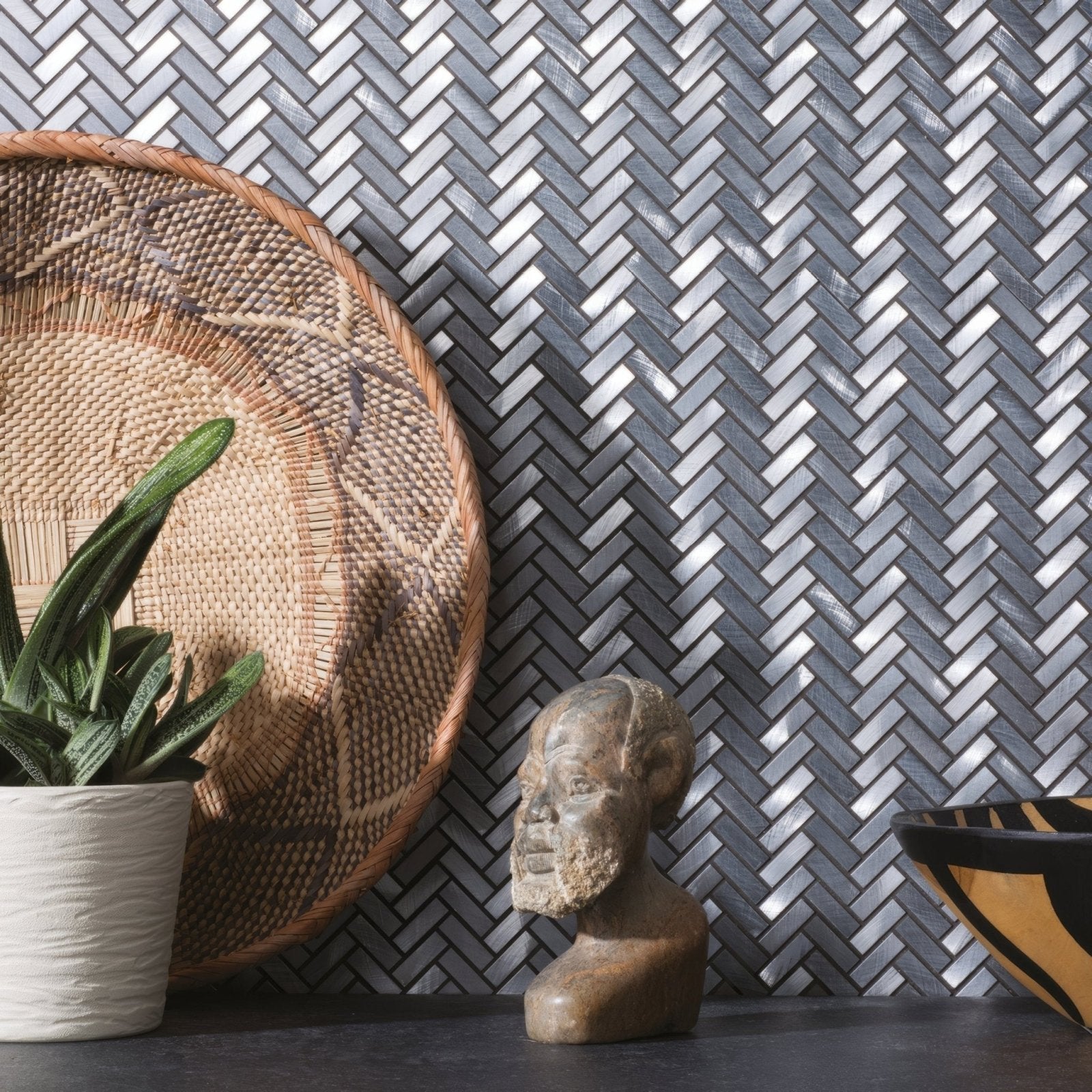 Stone bust with weathered texture and earthy tones in fusion micro aluminium mosaic showcasing detailed facial features