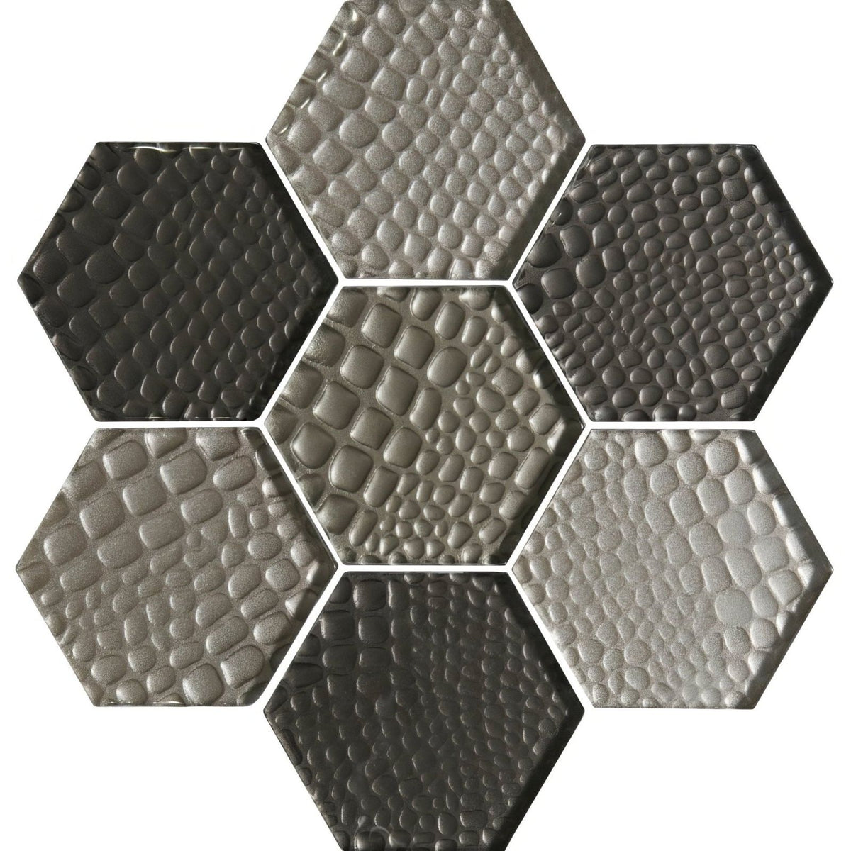 Futura sepia hexagon mosaic tiles with textured reptile skin pattern in varying shades of gray and black