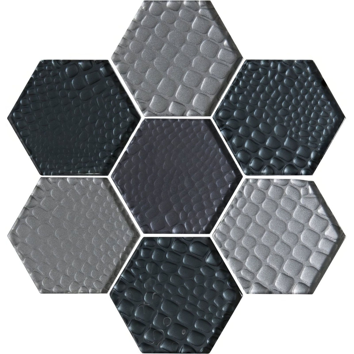 Futura Zirconia hexagon mosaic tiles in matte black and metallic silver with a textured pebbled surface