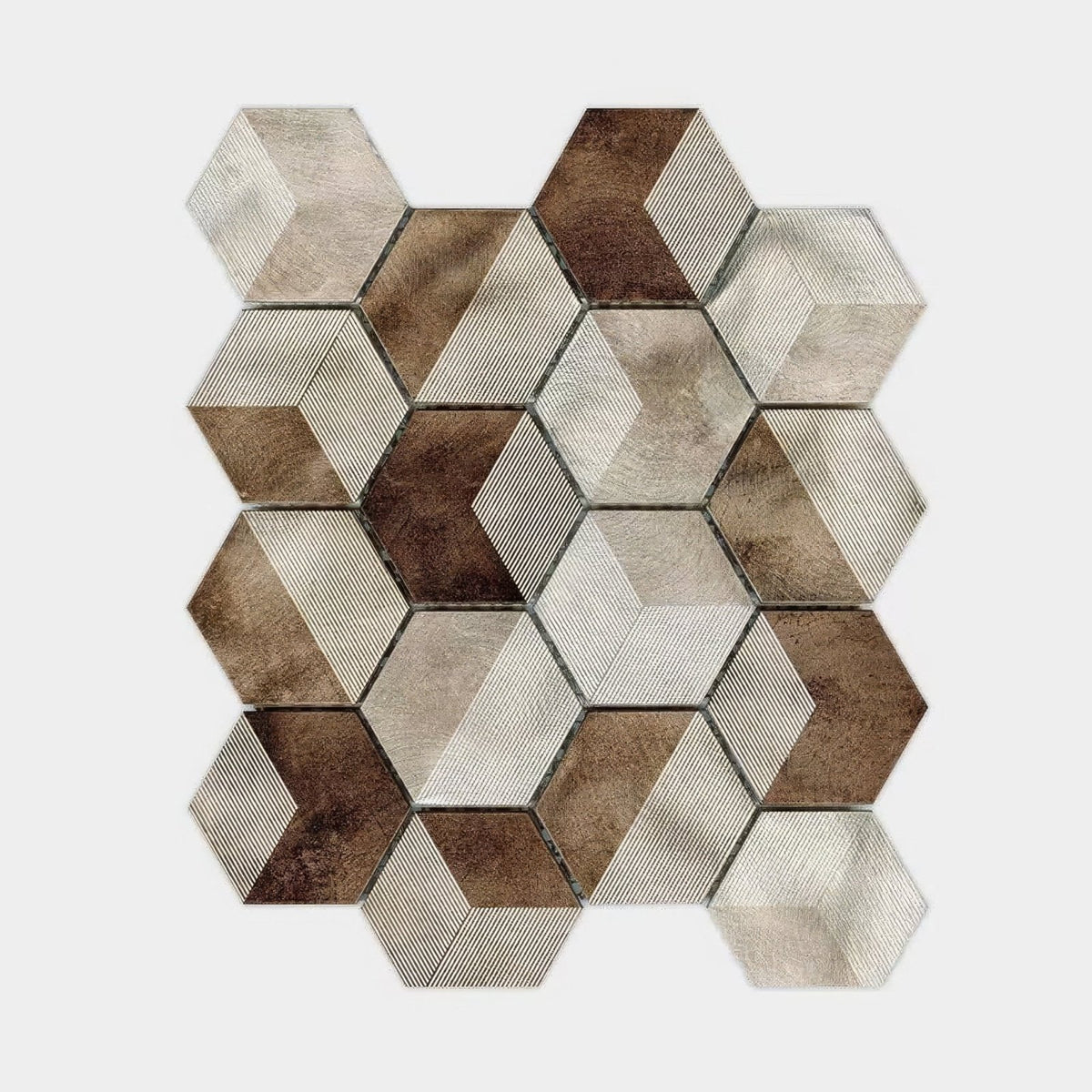 Future amber mosaic hexagonal mosaic tile panel with textured metallic finish in silver and brown shades