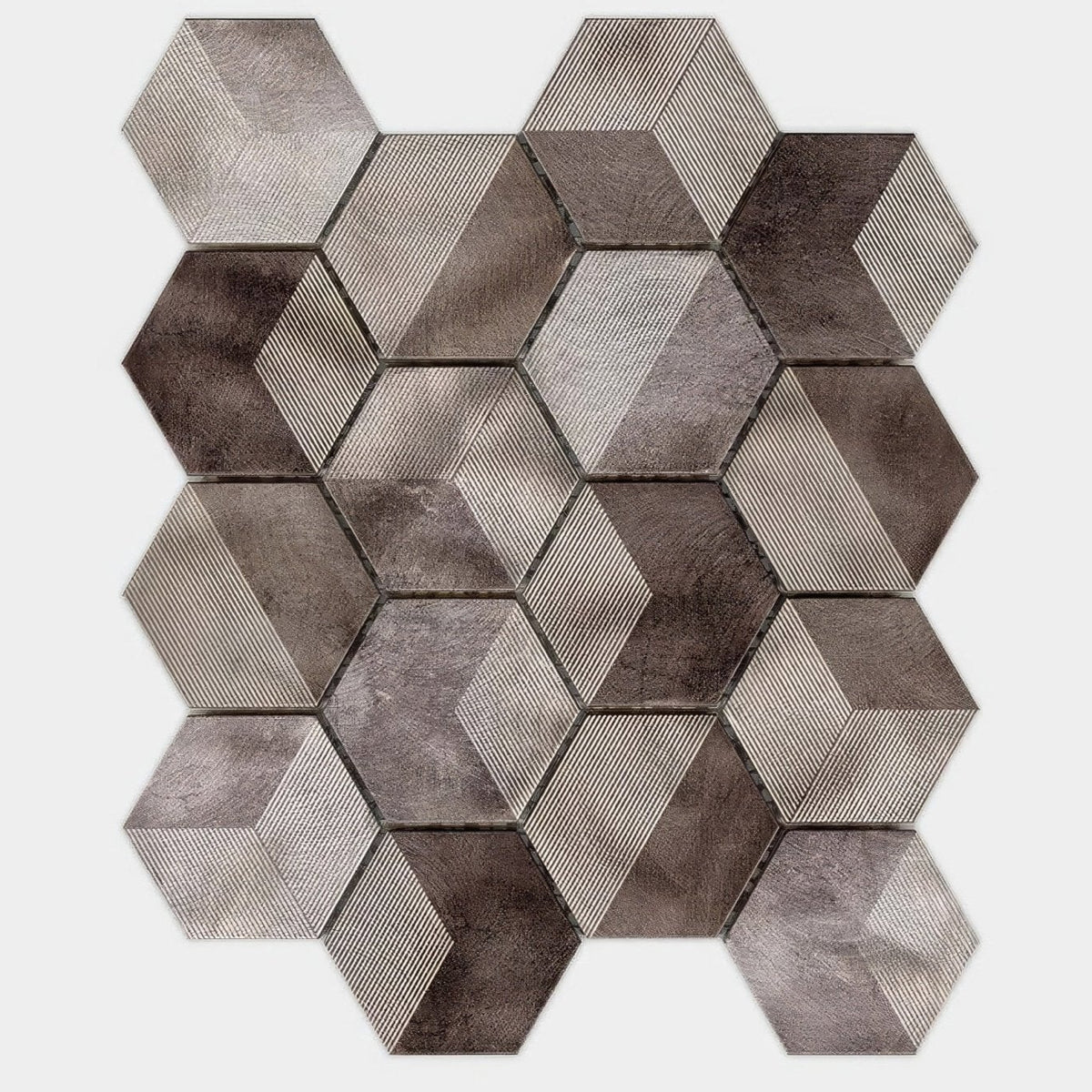 Future Quartz mosaic hexagonal tile with metallic silver and dark gray finish featuring textured linear grooves