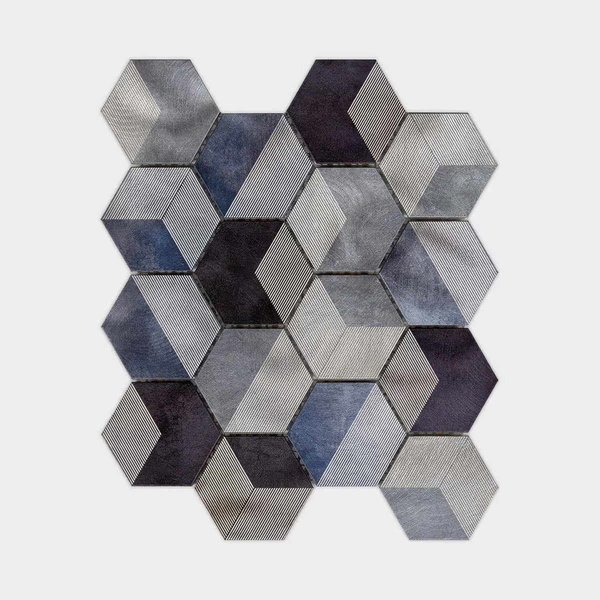 Future sapphire mosaic hexagonal tile panel with 3d geometric design in shades of gray black and navy blue