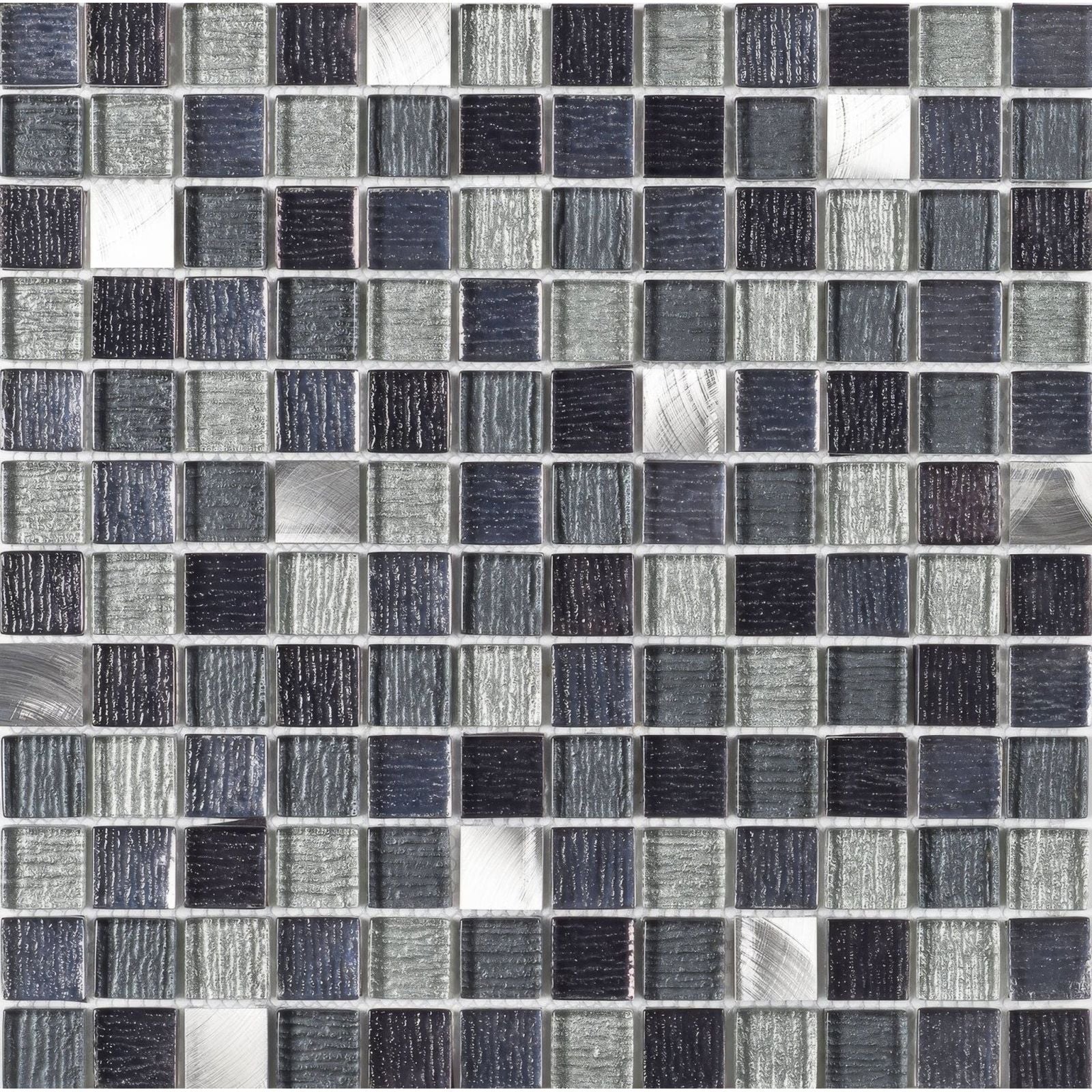 Galactic black glass and metal mix mosaic tile with dark gray and silver metallic textured brushed finish