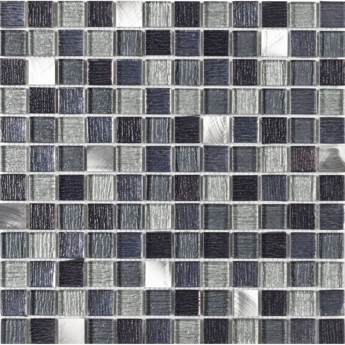 Galactic black glass and metal mix mosaic tile with dark gray and silver metallic textured brushed finish