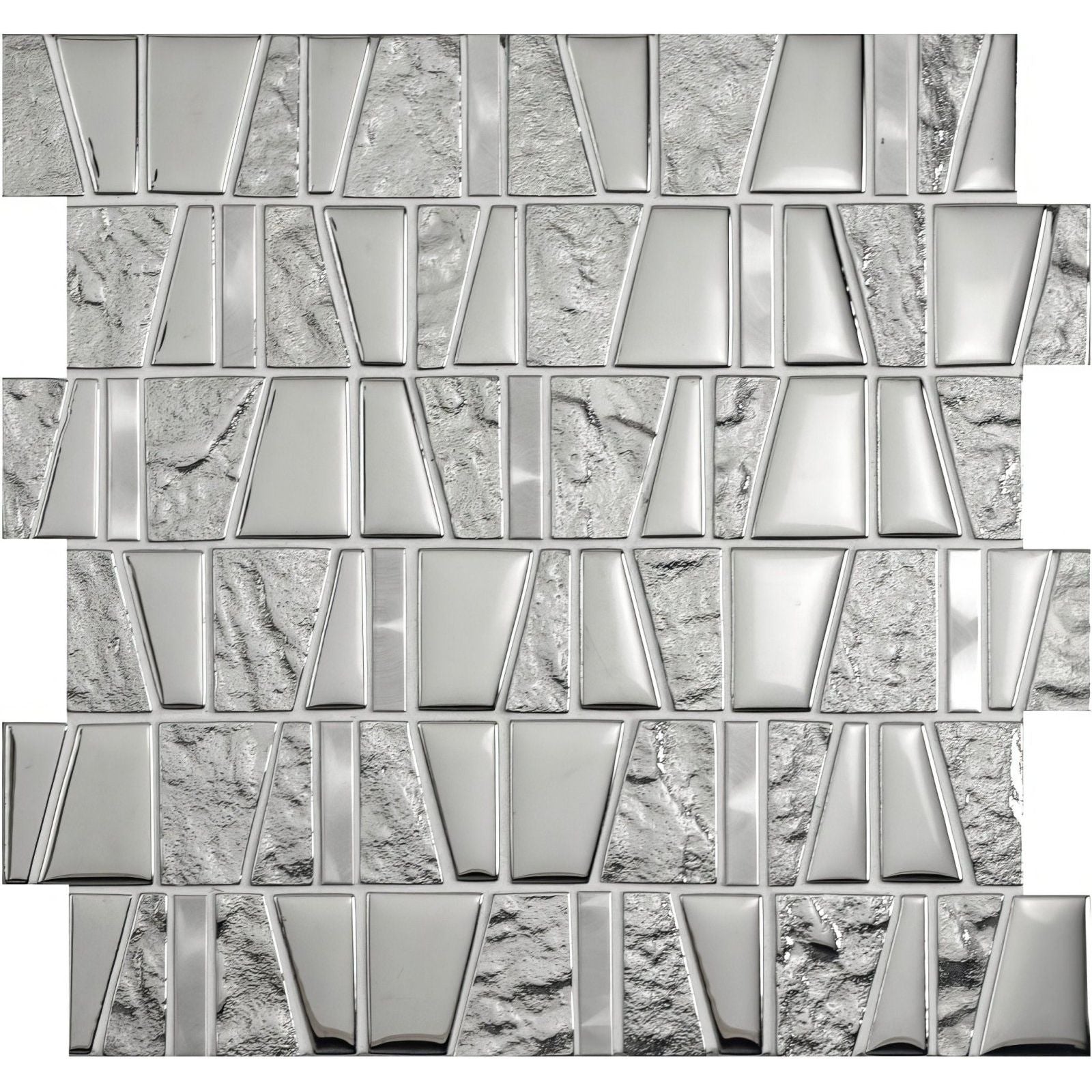 Silver metallic galactic mirror mosaic tile with smooth reflective glass and textured stone pieces in geometric pattern