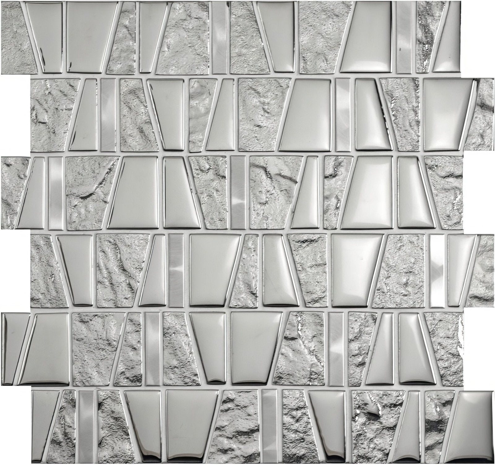 Silver metallic galactic mirror mosaic tile with smooth reflective glass and textured stone pieces in geometric pattern