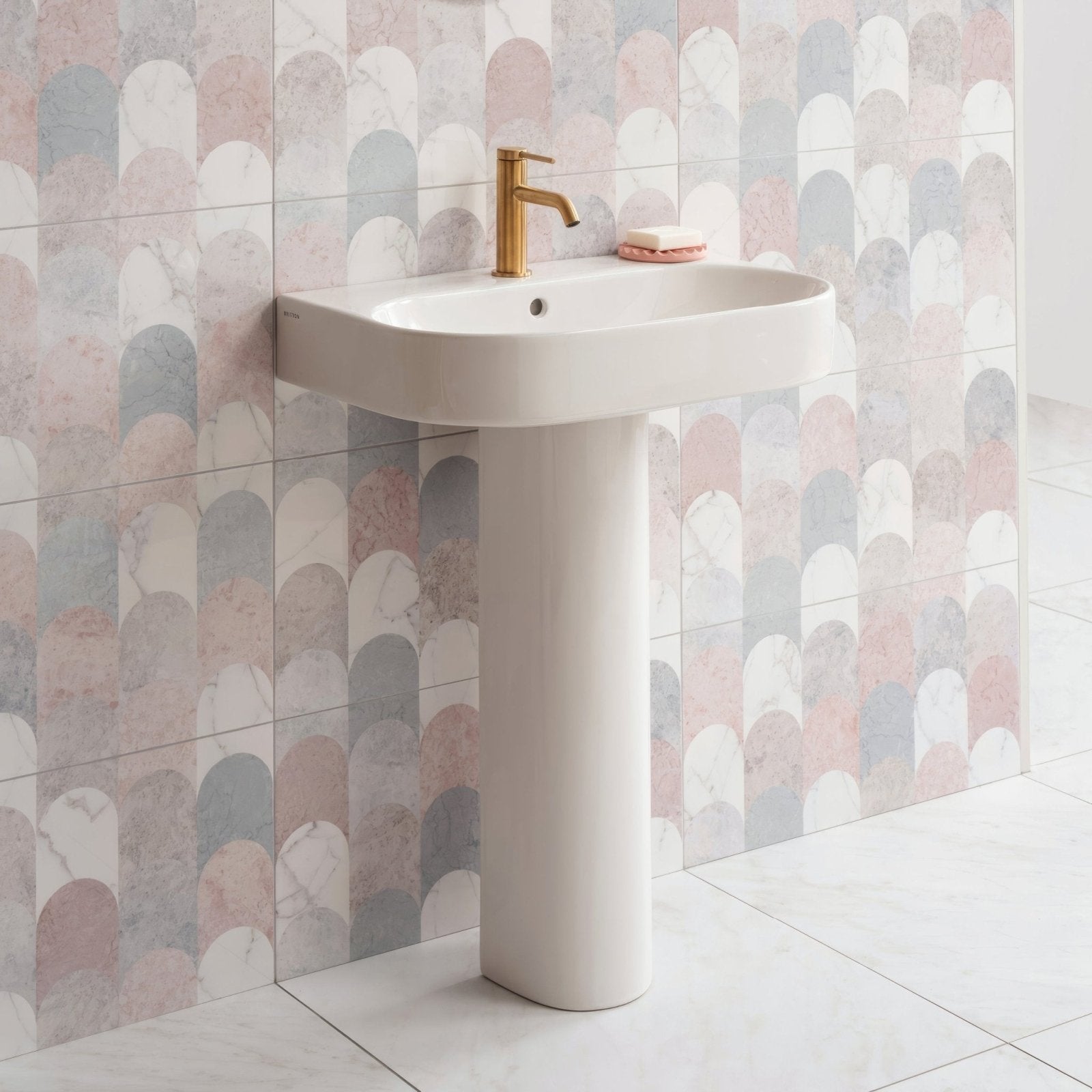 White ceramic pedestal sink galana 600 x 600mm with gold toned faucet for bathroom use