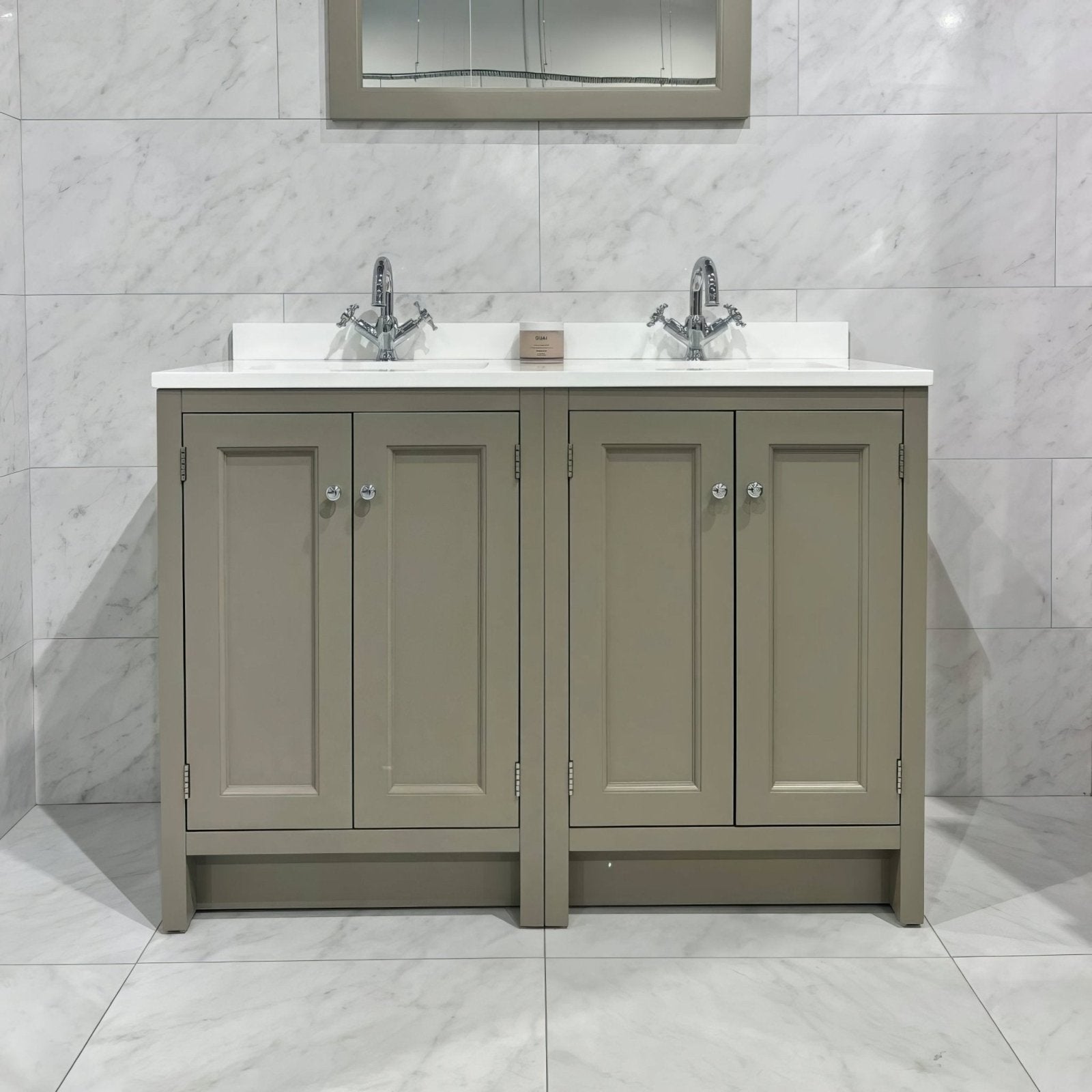 Beige galana 600 x 600mm double vanity with white marble countertop and chrome faucets for bathroom use