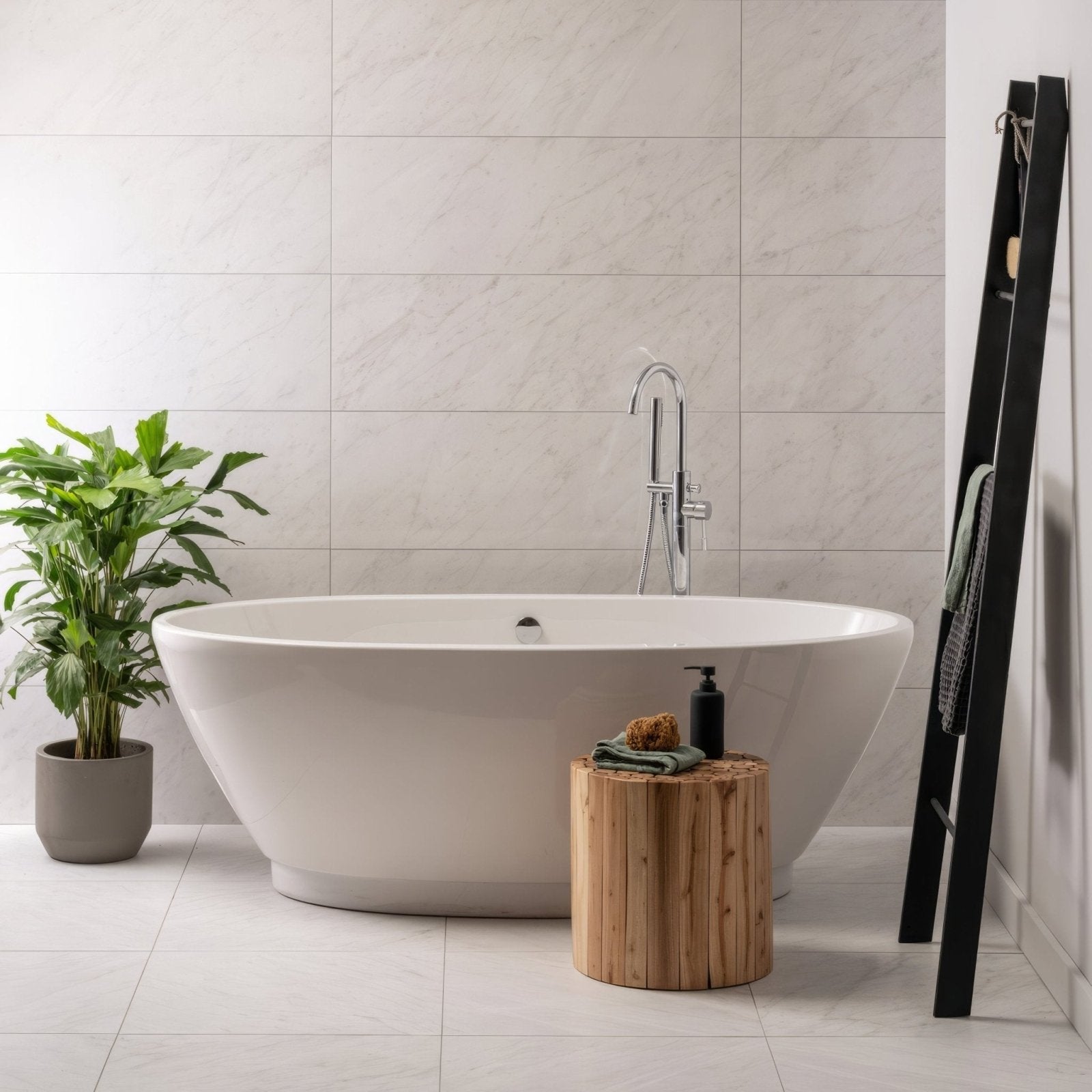 White freestanding Galana 600 x 600mm bathtub with sleek modern design and smooth glossy surface