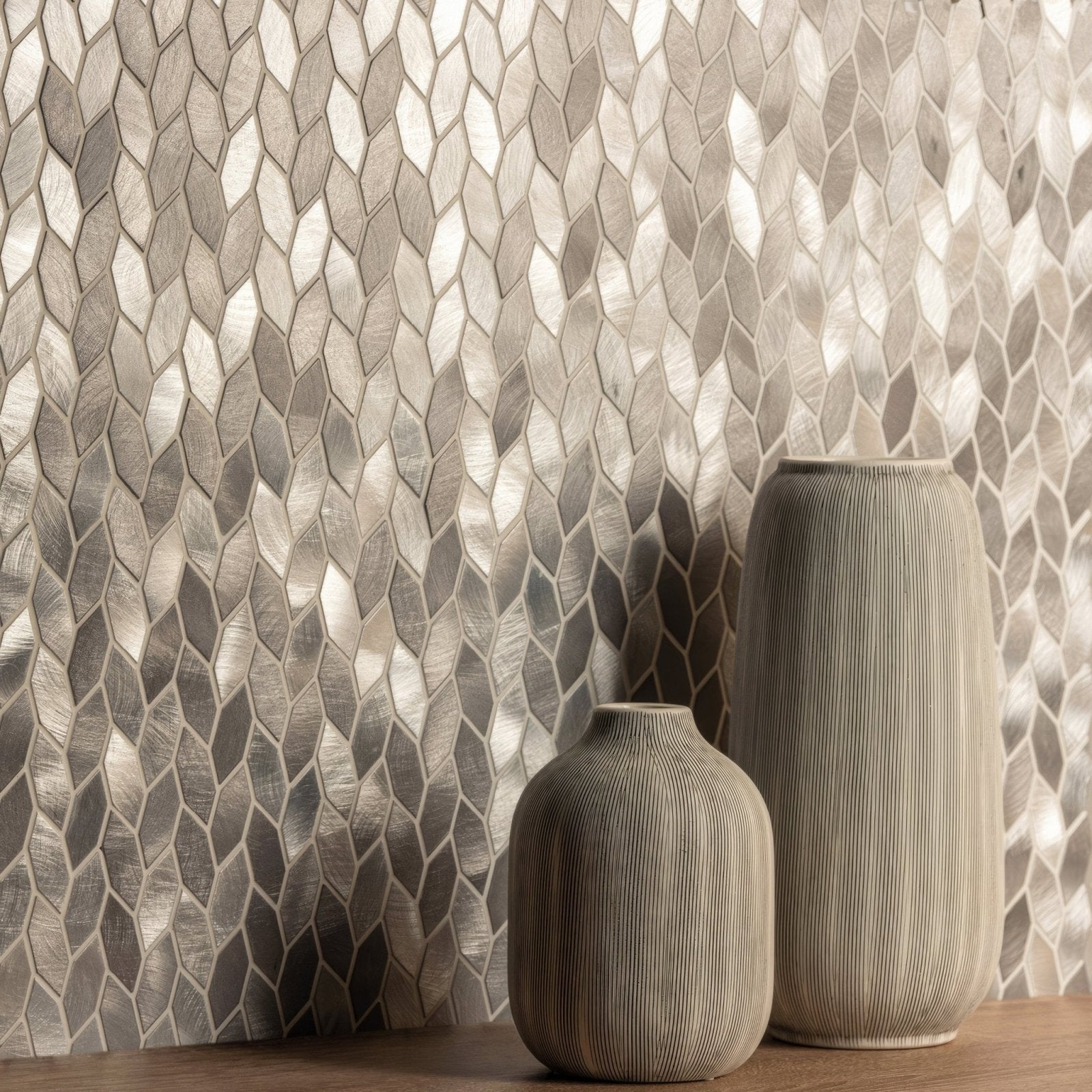 Gauntlet Aluminium Mosaic silver hexagon aluminium mosaic with two ribbed ceramic vases