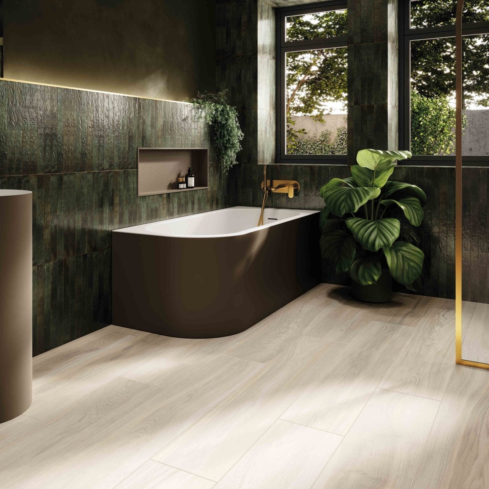 Modern freestanding bathtub genesi green brillo with sleek matte dark brown finish and minimalist design