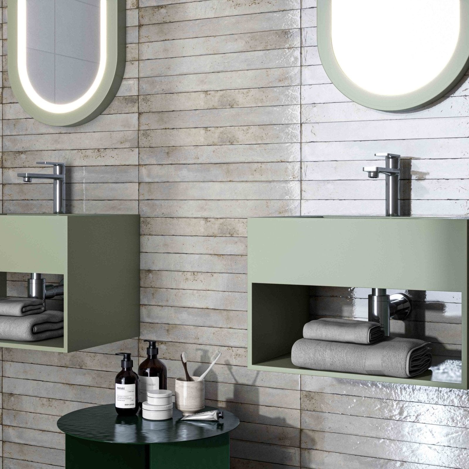 Modern sage green floating vanity genesi pearl brillo with integrated sinks and chrome faucets for bathroom use